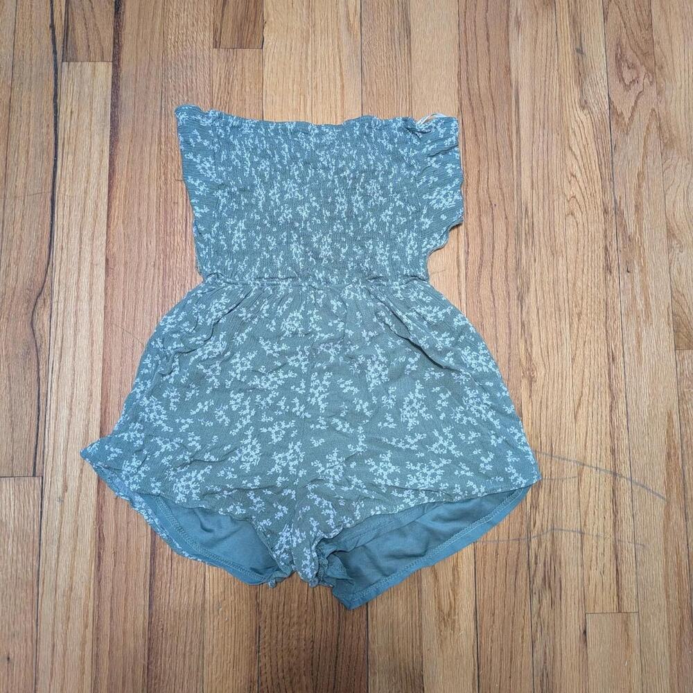 Sugar & Cream Boho Summer Coquette Green Floral Strapless Tie Back Romper
